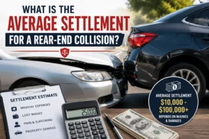 Two vehicles involved in a rear-end collision with settlement estimate documents, calculator, and legal compensation elements illustrating average rear-end accident settlement amounts.