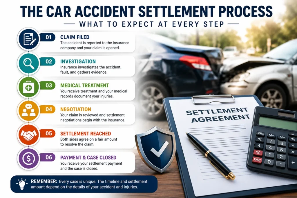 Insurance settlement negotiation after a car accident with legal documents, compensation review, and settlement agreement