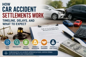 Car accident settlement process showing claim filing, investigation, medical treatment, negotiation, and final compensation timeline