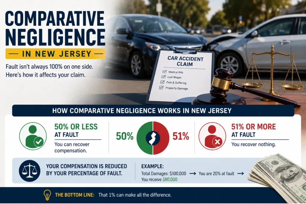 How comparative negligence works in New Jersey with examples of fault percentages and their impact on car accident settlements.