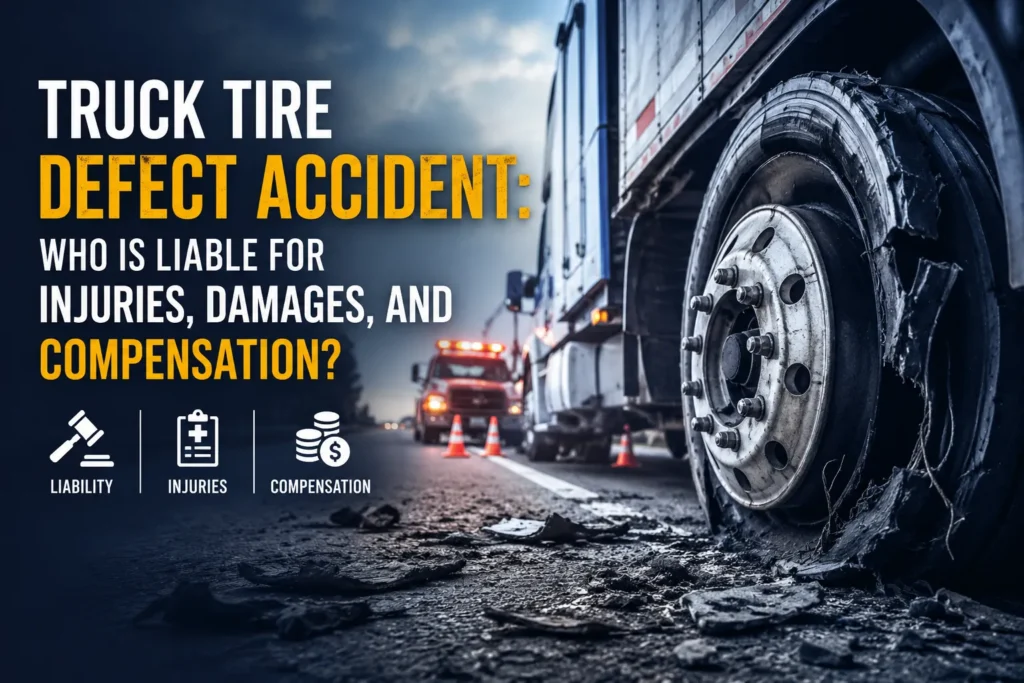 Damaged semi-truck tire after a blowout accident highlighting liability, injuries, damages, and compensation claims.