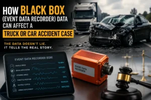 Black box (Event Data Recorder) showing crash data used to investigate a truck or car accident and determine fault.