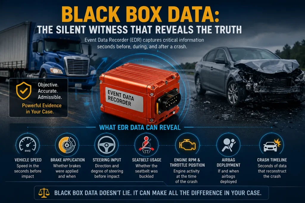 Infographic showing the Event Data Recorder (EDR) capturing vehicle speed, braking, steering, and airbag data after a truck or car accident.