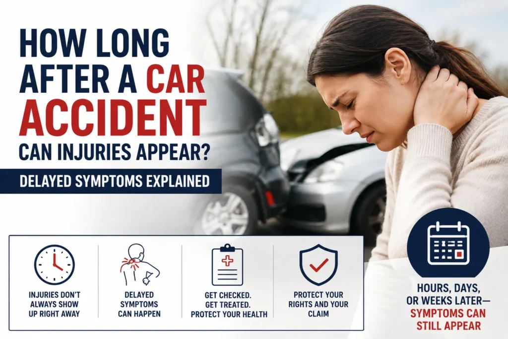 Person experiencing delayed neck pain after a car accident, illustrating how injuries and symptoms can appear hours or days after a crash.