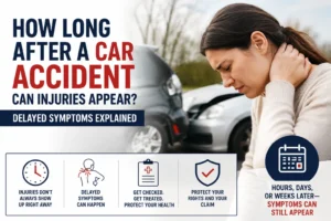 Person experiencing delayed neck pain after a car accident, illustrating how injuries and symptoms can appear hours or days after a crash.