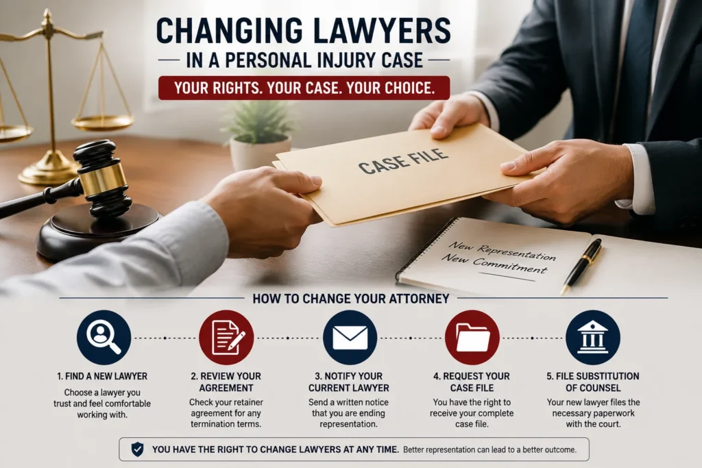 how to change lawyers during a personal injury case, including finding a new attorney, transferring your case file, and filing a substitution of counsel