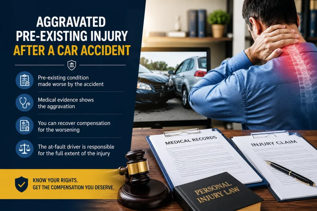 Medical records and injury claim documents showing how to prove a car accident aggravated a pre-existing injury for compensation.
